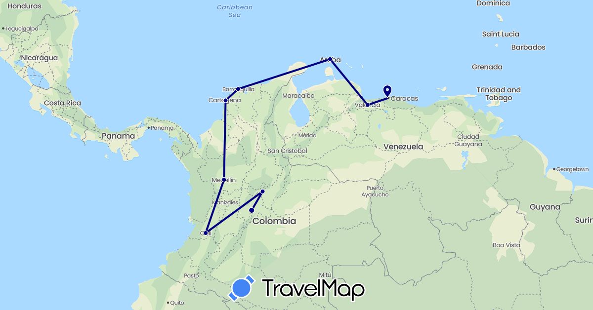 TravelMap itinerary: driving in Aruba, Colombia, Venezuela (North America, South America)